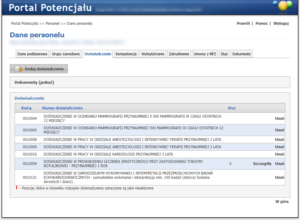 Doświadczenie - widok w trybie przeglądu (wypełnione przykładowymi danymi)